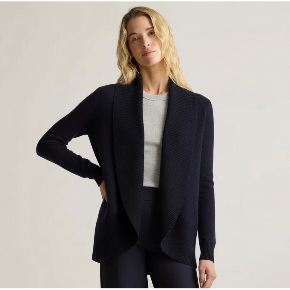 Quince | Mongolian Cashmere Open Cardigan L Navy Blue Shawl Collar Sweater